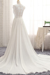 Wedding Dress Boutiques, Long A-line Appliques Lace Chiffon Wedding Dress with Slit