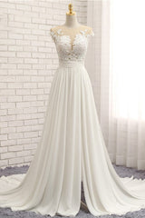 Wedding Dress Fittings, Long A-line Appliques Lace Chiffon Wedding Dress with Slit