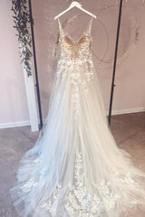 Wedding Dress Designs, Long A-Line Appliques Lace Spaghetti Straps Sweetheart Tulle Wedding Dresses
