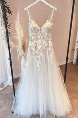 Wedding Dress Design, Long A-Line Appliques Lace Spaghetti Straps Sweetheart Tulle Wedding Dresses
