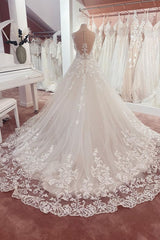 Wedding Dress With Covered Back, Long A-Line Appliques Lace Sweetheart Tulle Wedding Dress