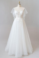Wedding Dresses Chic, Long A-line Appliques Lace Tulle Wedding Dress with Sleeves