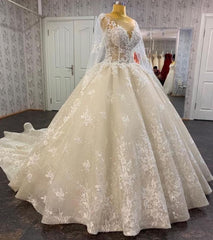 Wedding Dress Cheaper, Long A-line Bateau Appliques Lace Sequins Tulle Wedding Dress