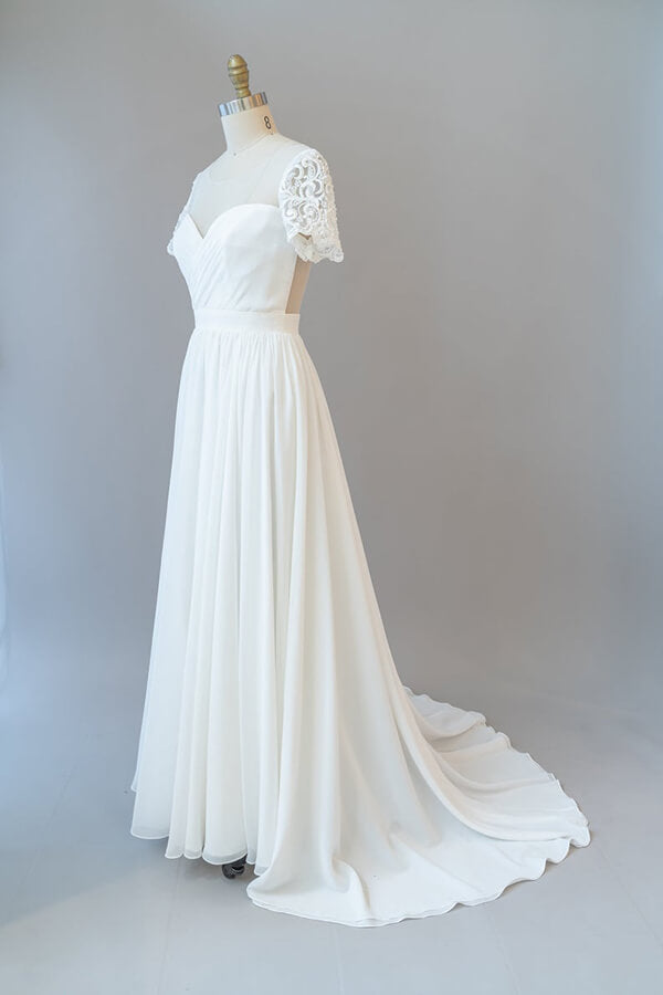 Wedding Dressed With Sleeves, Long A-line Chiffon Backless Wedding Dress with Sleeves