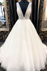Wedding Dresses Petite, Long A-Line Deep V Neck Tulle Wedding Dress