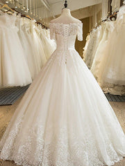 Wedding Dress Tops, Long A-line Off Shoulder Court Train Lace Tulle Wedding Dresses with Sleeves