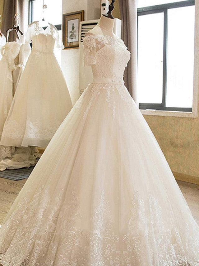 Wedding Dress Top, Long A-line Off Shoulder Court Train Lace Tulle Wedding Dresses with Sleeves