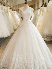 Wedding Dresses Top, Long A-line Off Shoulder Court Train Lace Tulle Wedding Dresses with Sleeves