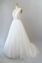 Wedding Dresse Styles, Long A-line Open Back Sequins Tulle Backless Wedding Dress