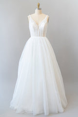 Wedding Dresses Styles, Long A-line Open Back Sequins Tulle Backless Wedding Dress