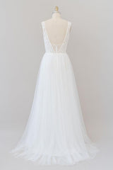 Wedding Dress Shop, Long A-line Open Back V-neck Lace Tulle Wedding Dress