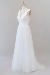 Wedding Dresses Cheap, Long A-line Open Back V-neck Lace Tulle Wedding Dress