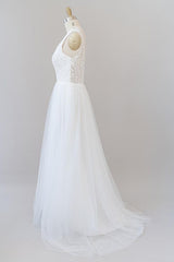 Wedding Dresses 2023, Long A-line Open Back V-neck Lace Tulle Wedding Dress