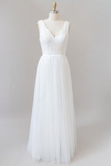 Wedding Dress Trend, Long A-line Open Back V-neck Lace Tulle Wedding Dress
