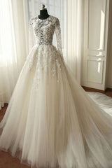 Wedding Dress Cost, Long A-line Organza Lace Wedding Dresses with Sleeves
