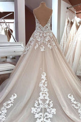 Wedding Dress With Long Sleeves, Long A-Line Sequin Tulle Spaghetti Straps Appliques Lace Wedding Dress
