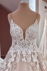 Wedding Dresses Under 204, Long A-Line Sequin Tulle Spaghetti Straps Appliques Lace Wedding Dress