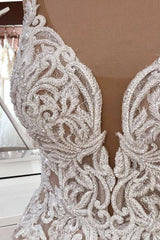 Wedding Dresses Long Sleeves, Long A-Line Sequin Tulle Spaghetti Straps Appliques Lace Wedding Dress