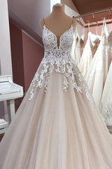 Wedding Dress With Corset, Long A-Line Sequin Tulle Spaghetti Straps Appliques Lace Wedding Dress