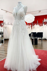 Wedding Dress Beautiful, Long A-line Sleeveless Tulle Lace Appliques Open Back Wedding Dresses