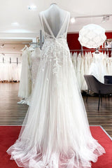 Wedding Dress Design, Long A-line Sleeveless Tulle Lace Appliques Open Back Wedding Dresses