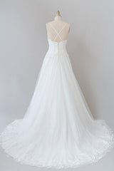 Wedding Dress With Straps, Long A-line Spaghetti Strap Applique Tulle Backless Wedding Dress