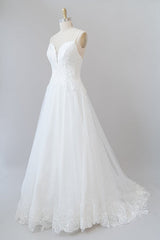 Wedding Dresses For, Long A-line Spaghetti Strap Applique Tulle Backless Wedding Dress