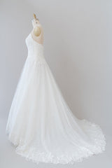 Wedding Dresses, Long A-line Spaghetti Strap Applique Tulle Backless Wedding Dress