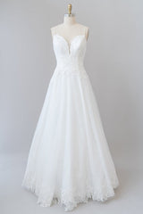 Wedding Dresses Bridesmaid, Long A-line Spaghetti Strap Applique Tulle Backless Wedding Dress