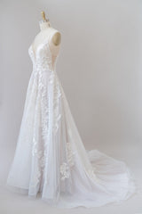 Wedding Dress 2025, Long A-line Spaghetti Strap Lace Appliques Tulle Backless Wedding Dress