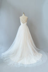 Wedding Dresses Under 503, Long A-line Spaghetti Strap Lace Tulle Backless Wedding Dress