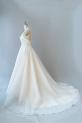 Wedding Dress Gowns, Long A-line Spaghetti Strap Lace Tulle Backless Wedding Dress