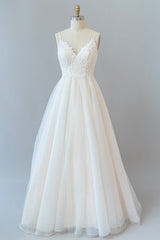 Wedding Dresses Short, Long A-line Spaghetti Strap Lace Tulle Backless Wedding Dress