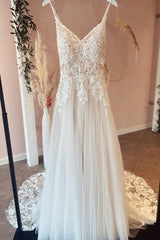 Wedding Dresses Under 504, Long A-Line Spaghetti Straps Sweetheart Appliques Lace Tulle Wedding Dress