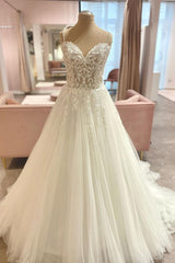 Wedding Dress Romantic, Long A-Line Spaghetti Straps Sweetheart Floral Lace Tulle Wedding Dress