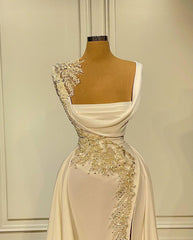 Evening Dress Elegant, Long A-Line Square Neckline Satin Ivory Prom Dress With Slit