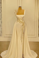 Evening Dresses Cheap, Long A-Line Square Neckline Satin Ivory Prom Dress With Slit