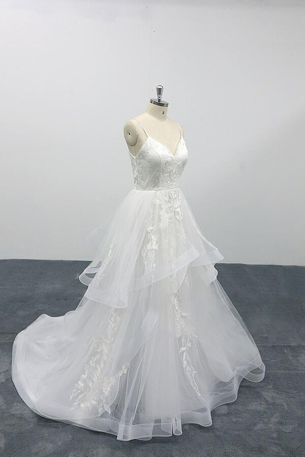 Wedding Dress Shops, Long A-line Sweetheart Appliques Spaghetti Strap Tulle Wedding Dress