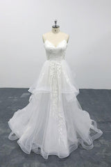 Wedding Dresses Trends, Long A-line Sweetheart Appliques Spaghetti Strap Tulle Wedding Dress