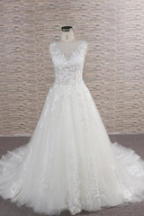 Wedding Dress With Sleeve, Long A-line Sweetheart Applqiues Lace Tulle Wedding Dress