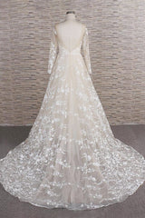 Wedding Dress Modern, Long A-line Sweetheart Applqiues Tulle Wedding Dress with Sleeves