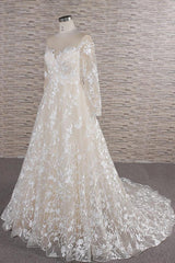 Wedding Dress For Outside Wedding, Long A-line Sweetheart Applqiues Tulle Wedding Dress with Sleeves