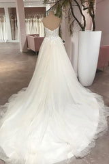 Wedding Dresses For Fall Weddings, Long A-Line Sweetheart Backless Tulle Appliques Lace Wedding Dress