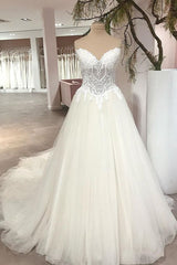 Wedding Dress Ballgown, Long A-Line Sweetheart Backless Tulle Appliques Lace Wedding Dress