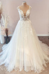 Wedding Dress Strapless, Long A-Line Sweetheart Floral Lace Tulle Wedding Dress