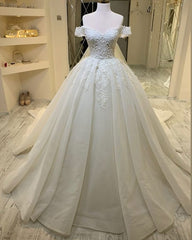 Wedding Dresses Sexy, Long A-Line Sweetheart Off-the-Shoulder Appliques Lace Ruffles Wedding Dress