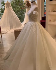 Wedding Dresses Tops, Long A-Line Sweetheart Off-the-Shoulder Appliques Lace Ruffles Wedding Dress