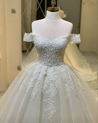 Wedding Dresses Top, Long A-Line Sweetheart Off-the-Shoulder Appliques Lace Ruffles Wedding Dress