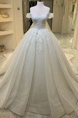 Wedding Dress Casual, Long A-Line Sweetheart Off-the-Shoulder Appliques Lace Ruffles Wedding Dress