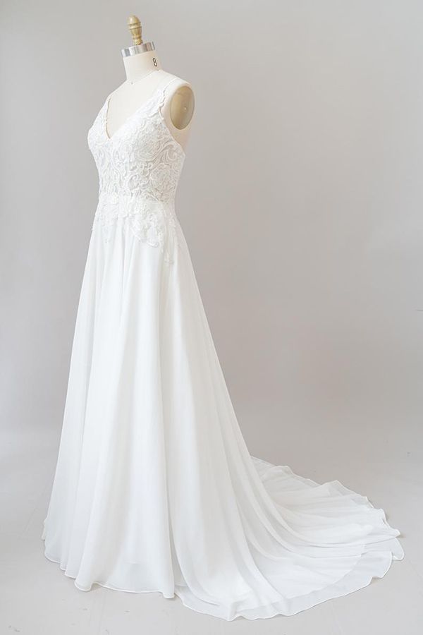 Wedding Dress Elegent, Long A-line Sweetheart Spaghetti Strap Appliques Chiffon Wedding Dress